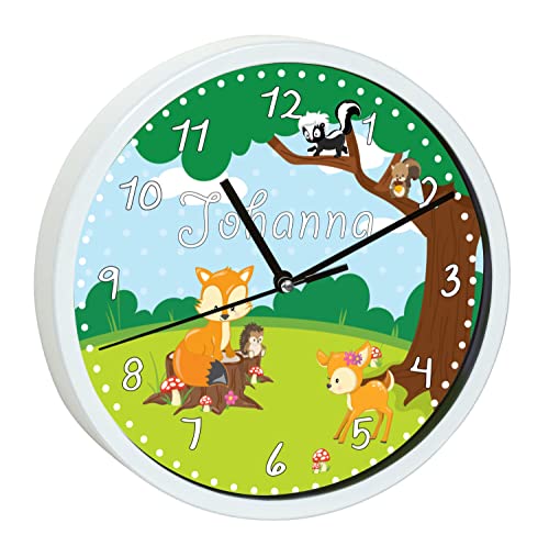 CreaDesign WU-30-1042 Tiere Wanduhr für Kinderzimmer, lautloses Uhrwerk ohne Ticken, personalisierbar mit Namen; Rahmen weiß, Durchmesser 19,5 cm von CreaDesign