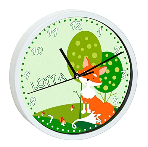 CreaDesign WU-30-1057 Fuchs Wanduhr für Kinderzimmer, lautloses Uhrwerk ohne Ticken, personalisierbar mit Namen; Rahmen weiß, Durchmesser 19,5 cm von CreaDesign