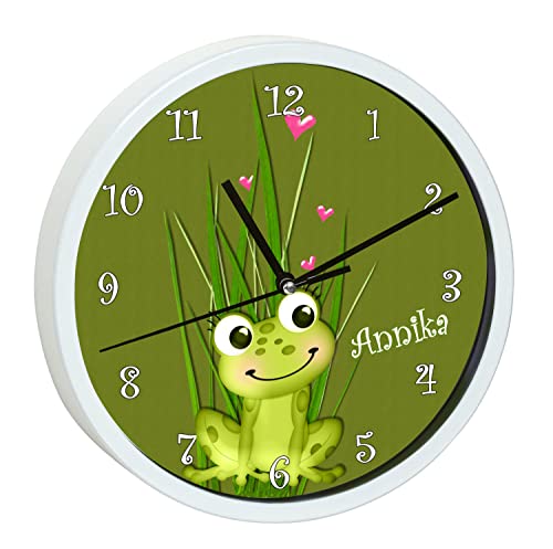 CreaDesign WU-30-1060 Frosch Wanduhr für Kinderzimmer, lautloses Uhrwerk ohne Ticken, personalisierbar mit Namen; Rahmen weiß, Durchmesser 19,5 cm von CreaDesign