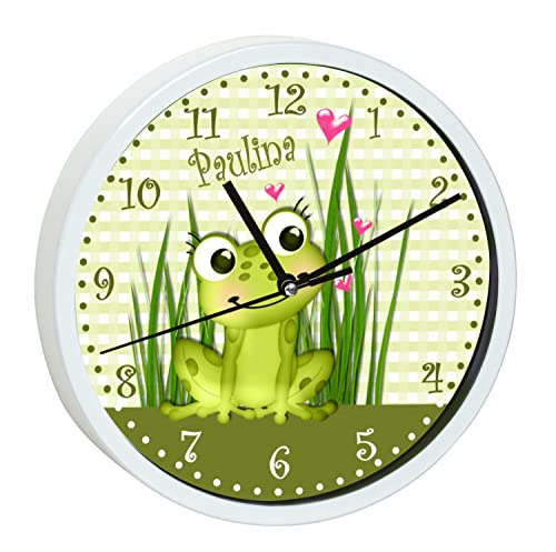 CreaDesign WU-30-1061 Frosch Wanduhr für Kinderzimmer, lautloses Uhrwerk ohne Ticken, personalisierbar mit Namen; Rahmen weiß, Durchmesser 19,5 cm von CreaDesign