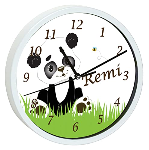 CreaDesign WU-30-1113 Panda Bär Wanduhr für Kinderzimmer, lautloses Uhrwerk ohne Ticken, personalisierbar mit Namen; Rahmen weiß, Durchmesser 19,5 cm von CreaDesign