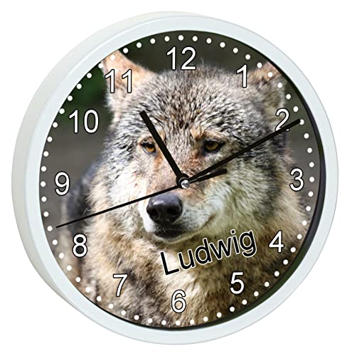 CreaDesign WU-30-1118 Wolf Wanduhr für Kinderzimmer, lautloses Uhrwerk ohne Ticken, personalisierbar mit Namen; Rahmen weiß, Durchmesser 19,5 cm von CreaDesign