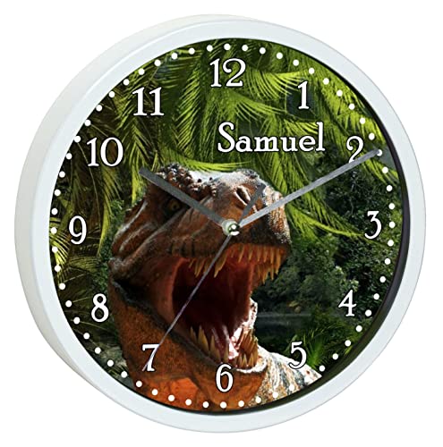 CreaDesign WU-30-1124 T-Rex Dinosaurier Wanduhr für Kinderzimmer, lautloses Uhrwerk ohne Ticken, personalisierbar mit Namen; Rahmen weiß, Durchmesser 19,5 cm von CreaDesign