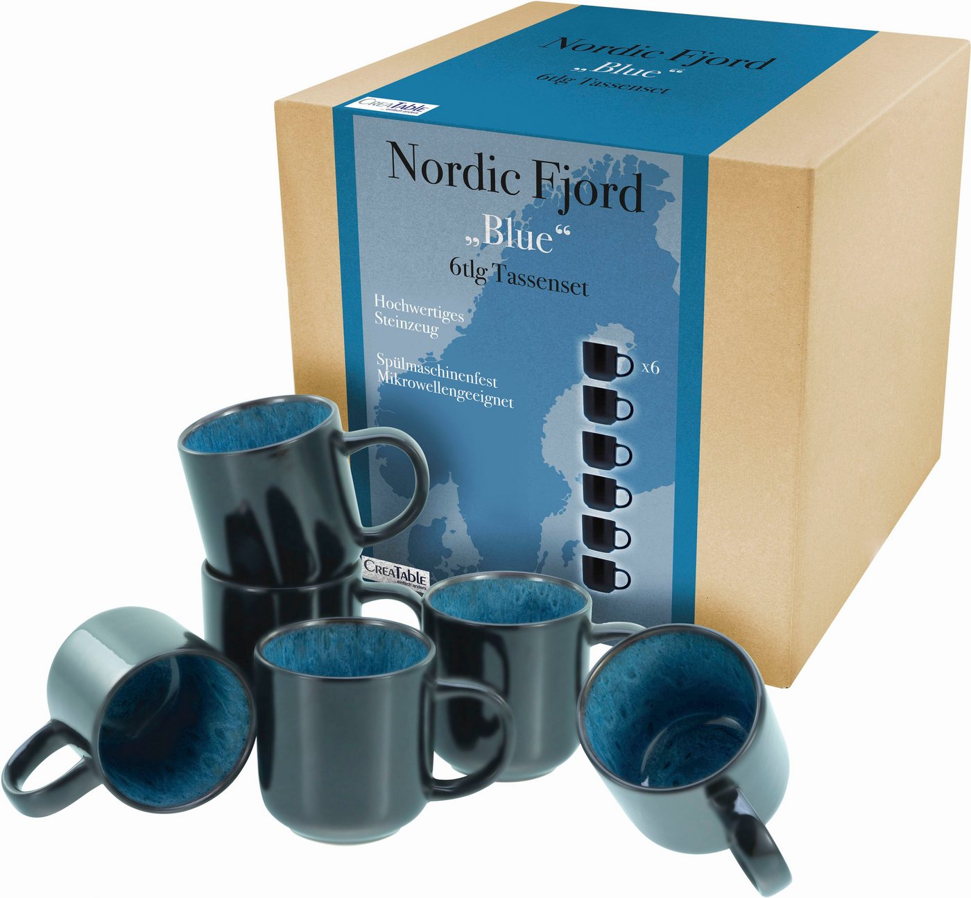 CreaTable Becher Nordic Fjord, Steinzeug, Kaffeebecher, Tassen Set, 6-teilig, 285 ml von CreaTable