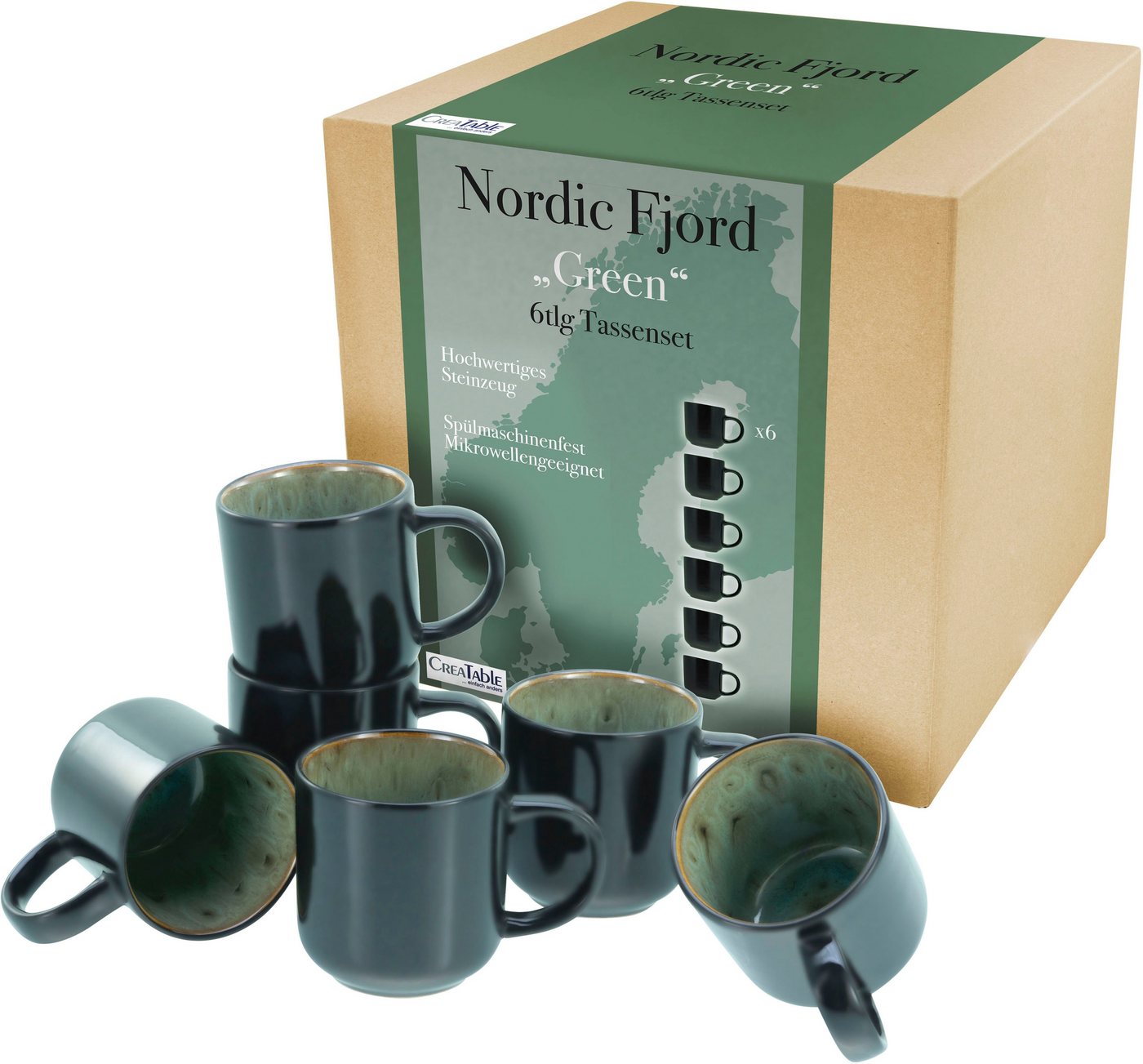 CreaTable Becher Nordic Fjord, Steinzeug, Kaffeebecher, Tassen Set, 6-teilig, 285 ml von CreaTable