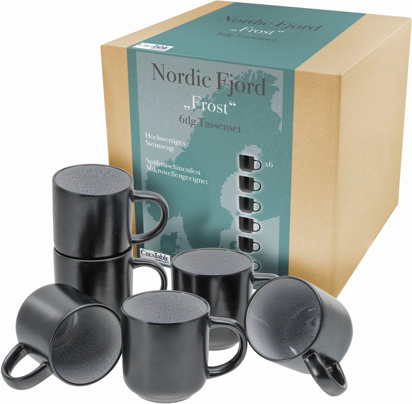 CreaTable Becher Nordic Fjord, Steinzeug, Kaffeebecher, Tassen Set, 6-teilig, 285 ml von CreaTable