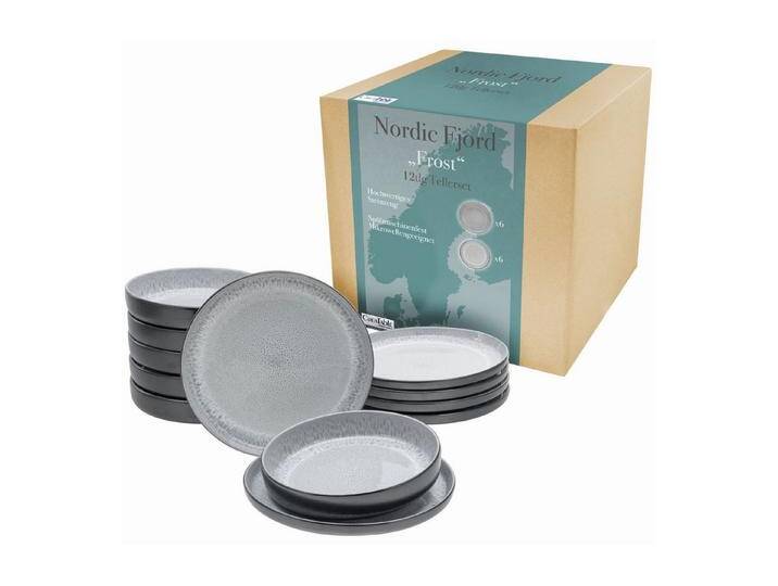 CreaTable Geschirr-Set 21520 (12-tlg), Steingut, Serie Nordic Fjord, 12-teiliges Teller Set aus Steinzeug, grau von CreaTable