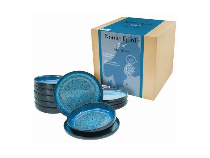 CreaTable Geschirr-Set 21550 (12-tlg), Steingut, Serie Nordic Fjord, 12-teiliges Teller Set aus Steinzeug, blau von CreaTable