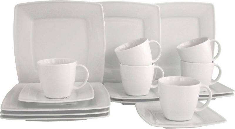 CreaTable Kaffeeservice Victoria Weiss (18-tlg), 6 Personen, Porzellan, abgerundete, quadratische Form von CreaTable
