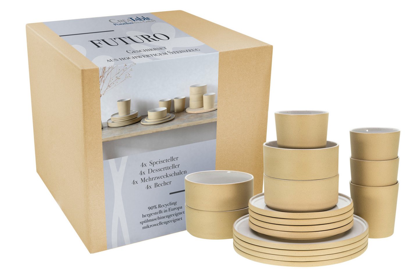 CreaTable Kombiservice Futuro Weiss Kombiservice 16-tlg (16-tlg), 4 Personen, Steinzeug von CreaTable
