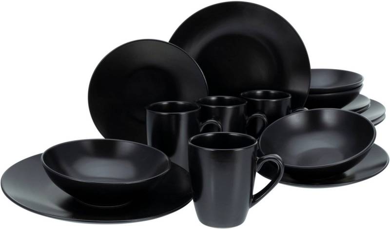 CreaTable Kombiservice Geschirr-Set Black Matt (16-tlg), 4 Personen, Steinzeug, Service, schwarz, trendige Coupeform, 16 Teile, für 4 Personen von CreaTable