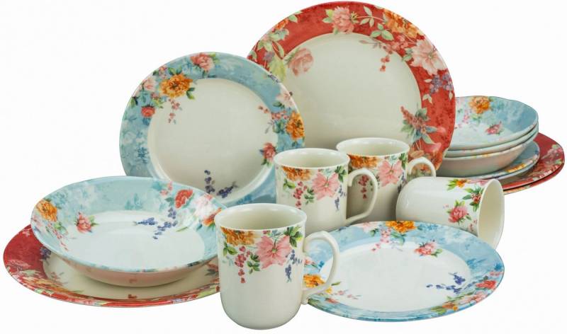 CreaTable Kombiservice Geschirr-Set Crimson (16-tlg), 4 Personen, Steingut, Service, abwechslungsreiches Rosendekor, 16 Teile, für 4 Personen von CreaTable