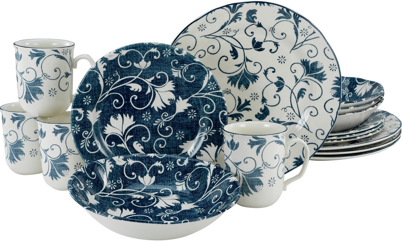 CreaTable Kombiservice Geschirr-Set Damask (16-tlg), 4 Personen, Steingut, Service, oppulentes Rankenornament, 16 Teile, für 4 Personen von CreaTable