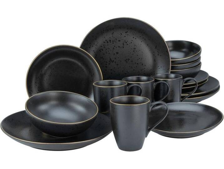 CreaTable Kombiservice Geschirr-Set Industrial (16-tlg), 4 Personen, Steinzeug, Service, schwarze, Goldrand, 16 Teile, für 4 Personen von CreaTable