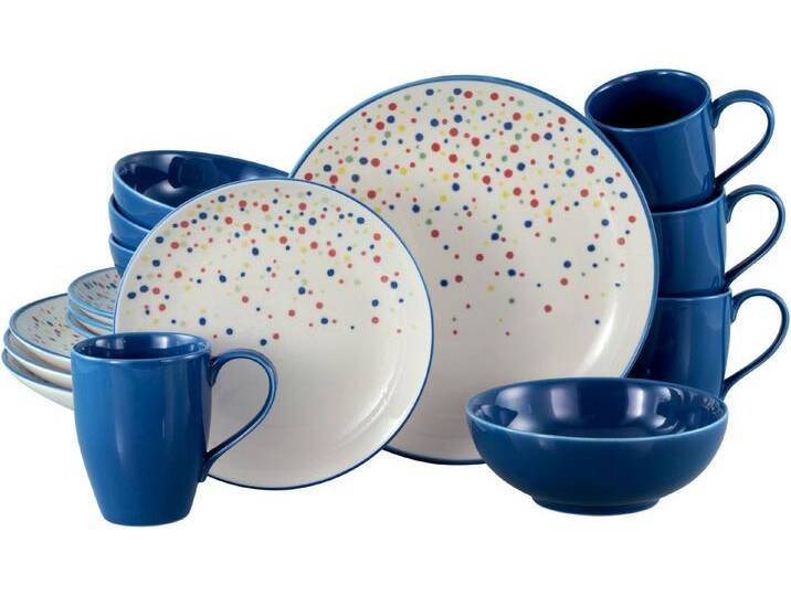 CreaTable Kombiservice Joy, Kombi-Service 16-tlg. (16-tlg), 4 Personen, Steinzeug, Unregelmäßige bunte Punkte, Gute Laune Geschirr, Frisch, Freundlich, blau bunt von CreaTable
