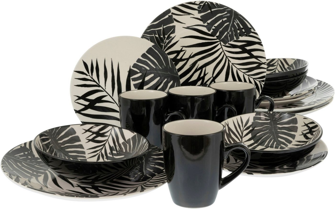 CreaTable Kombiservice Tropicana (16-tlg), 4 Personen, Steinzeug, vollflächiger tropischer Blätter Dekor von CreaTable