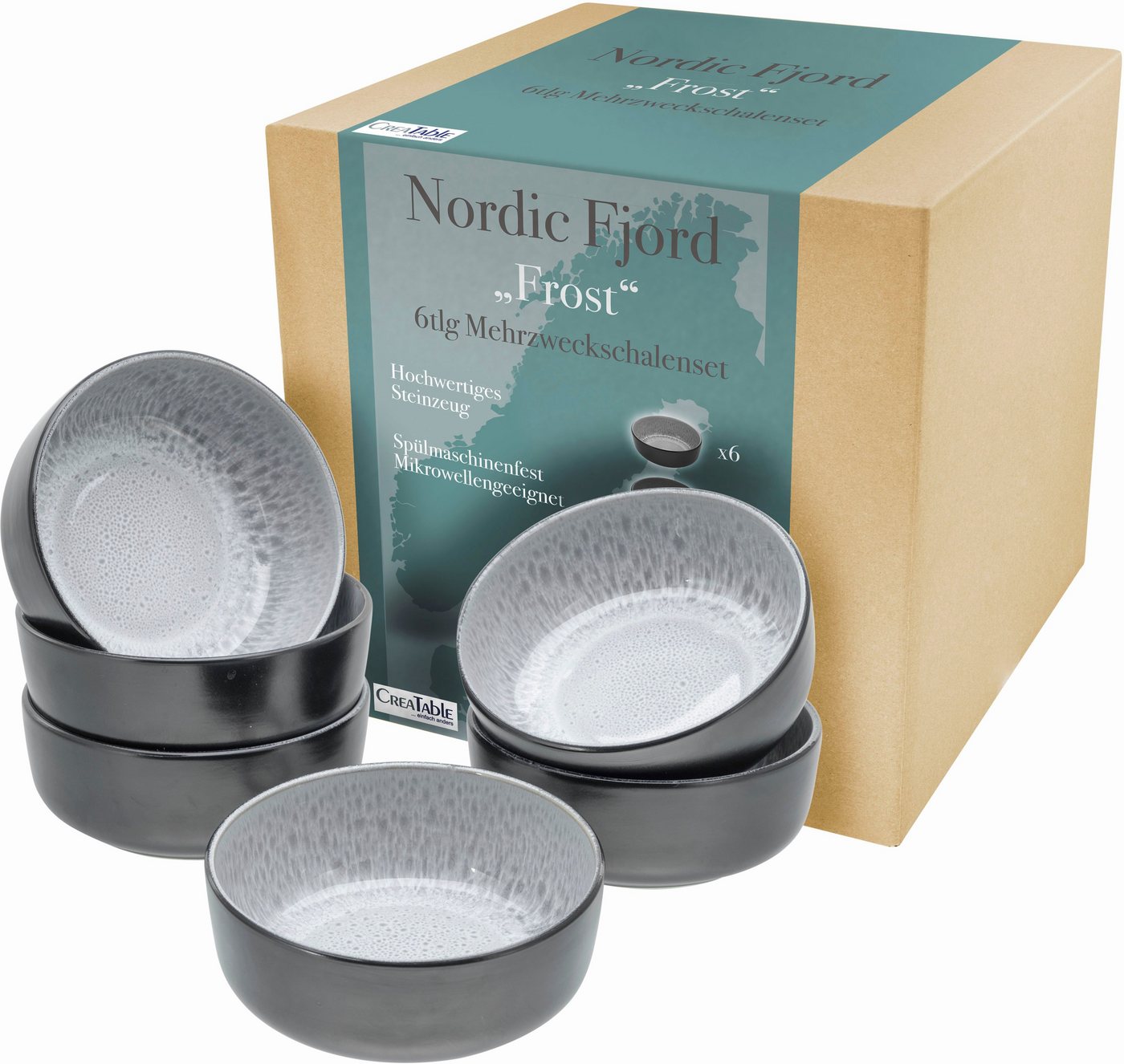 CreaTable Müslischale Nordic Fjord, Steinzeug, (Set, 6-tlg), Salatschale, Snackschale, Ø 15,5 cm, 960 ml von CreaTable