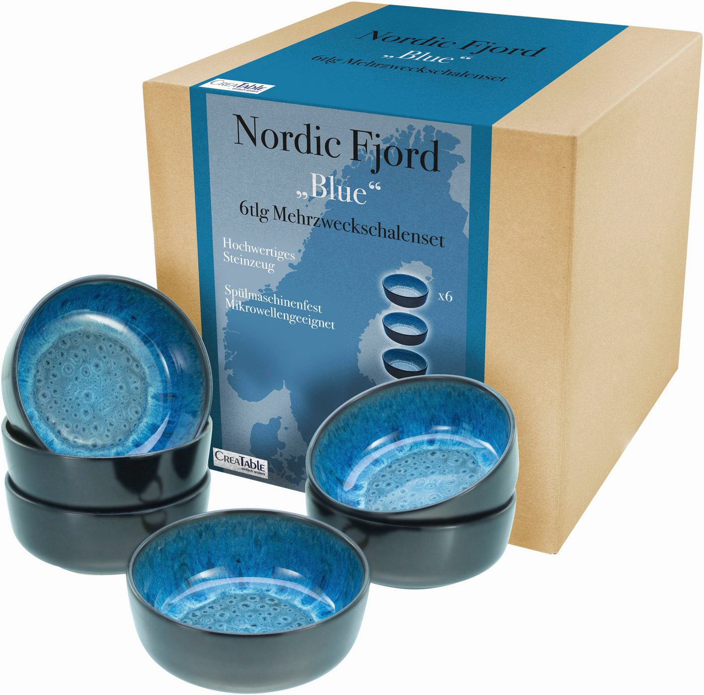 CreaTable Müslischale Nordic Fjord, Steinzeug, (Set, 6-tlg), Salatschale, Snackschale, Ø 15,5 cm, 960 ml von CreaTable