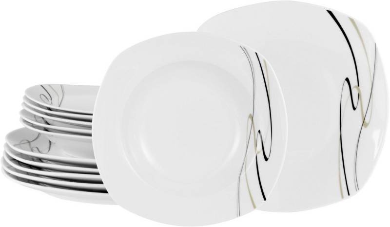 CreaTable Tafelservice Amelie Piazza, Tafel-Service 12-tlg (12-tlg), 6 Personen, Porzellan, Elegant, Schwungvoller Liniendekor von CreaTable