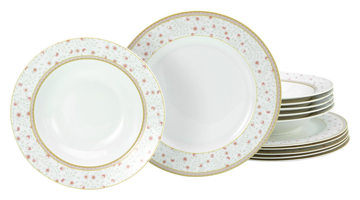 CreaTable Tafelservice Emilia, Tafel-Service 12-tlg (12-tlg), 6 Personen, Porzellan, Blumendekor von CreaTable