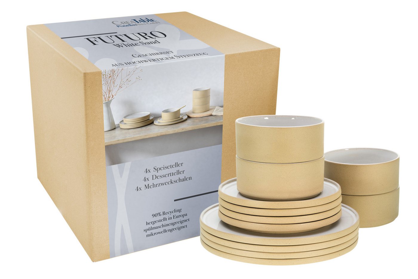CreaTable Tafelservice Futuro Weiss Tellerset 12-tlg (12-tlg), 4 Personen, Steinzeug von CreaTable