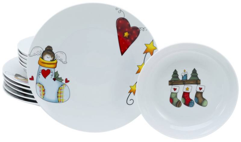 CreaTable Tafelservice Luna Socken, Tafel-Service 12-tlg (12-tlg), 6 Personen, Porzellan, Winterlicher Dekor mit lustigen Sockenmotiven von CreaTable