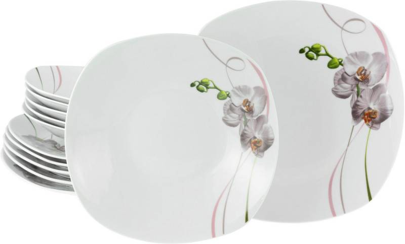 CreaTable Tafelservice Square Orchidee, Tafel-Service 12-tlg (12-tlg), 6 Personen, Porzellan, Fotorealistische Darstellung von CreaTable