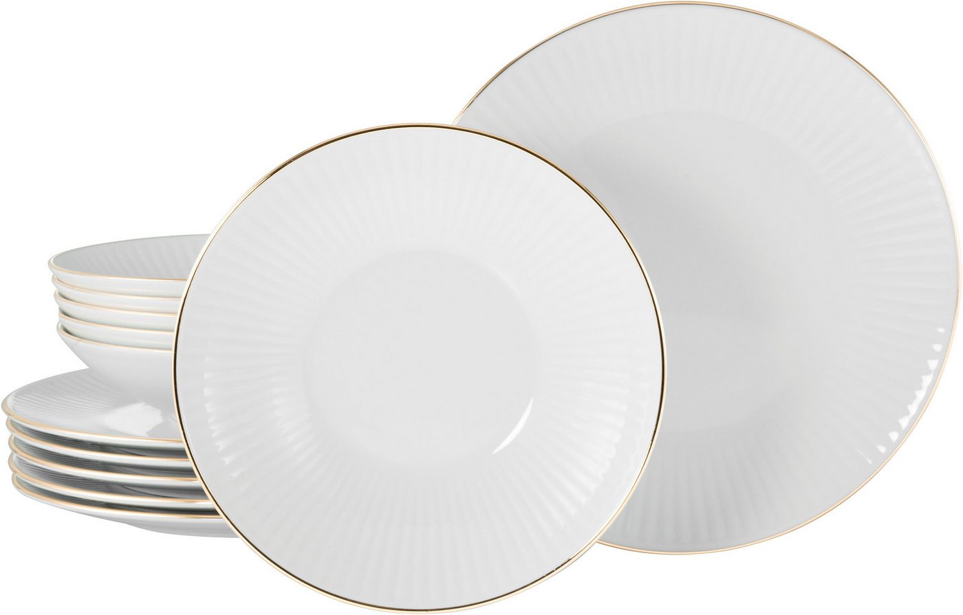 CreaTable Tafelservice Valencia Gold, Tafel-Service 12-tlg (12-tlg), 6 Personen, Porzellan, Elegant, Goldrand von CreaTable