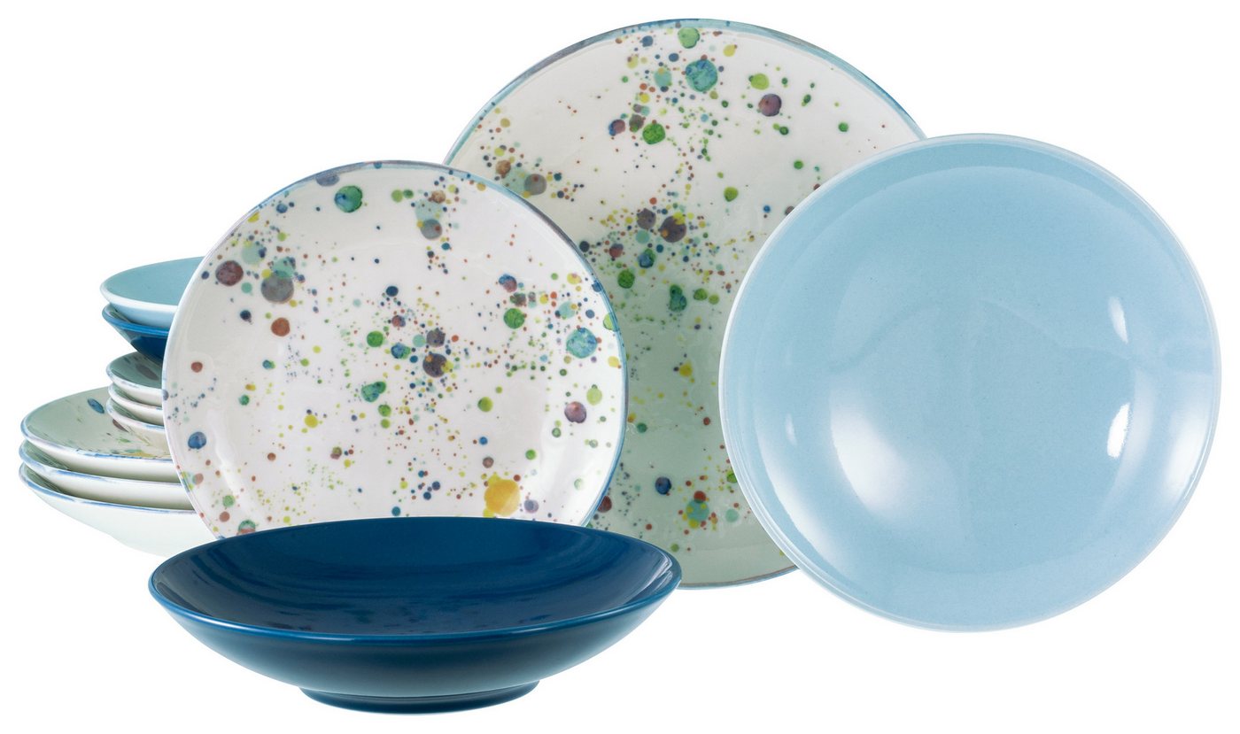 CreaTable Teller-Set Candy Drops, Tellerset 12-tlg. (12-tlg), 4 Personen, Steinzeug, Unregelmäßige bunte Punkte, Gute Laune Geschirr, Frisch, Freundlich von CreaTable