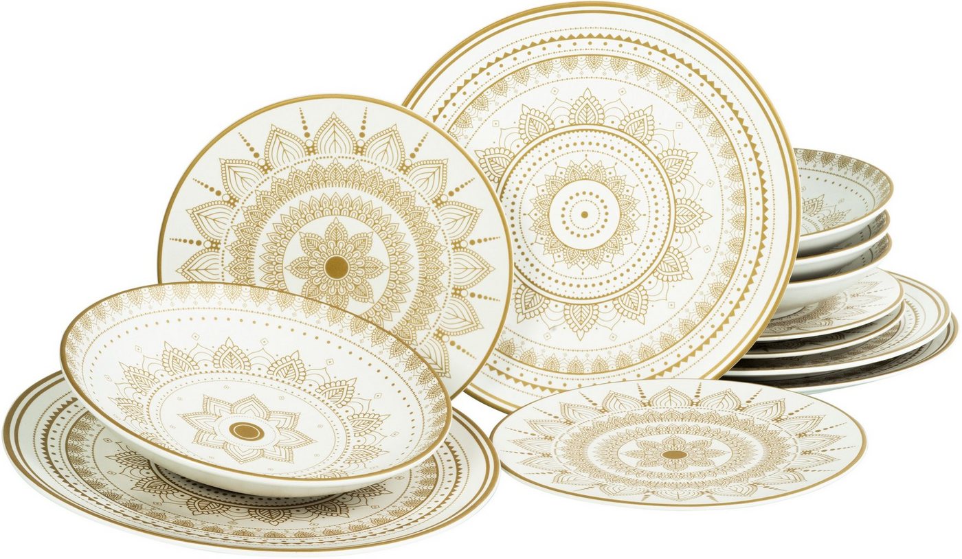 CreaTable Teller-Set Mandala Gold (12-tlg), 4 Personen, Steinzeug, Service, goldene orientalische Motive, 12 Teile, für 4 Personen von CreaTable