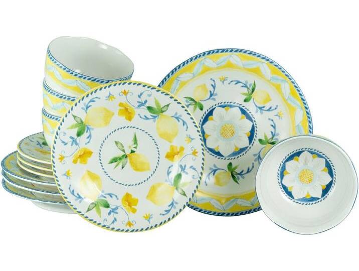 CreaTable Teller-Set Lemona, Tellerset 12-tlg (12-tlg), 4 Personen, Steinzeug, Handgemalte italienische Keramik, bunt von CreaTable