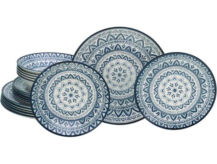CreaTable Teller-Set Mexico, Tellerset 18-tlg (18-tlg), 6 Personen, Steingut, Traditionelle Motive, blau, blau von CreaTable