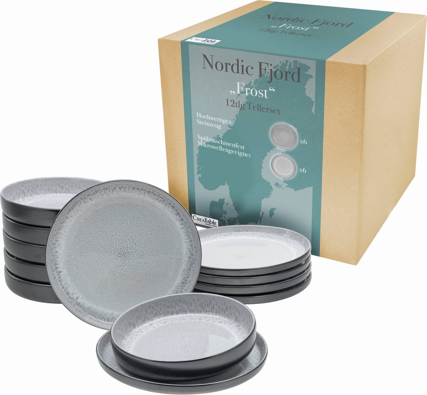 CreaTable Teller-Set Nordic Fjord (12-tlg), 6 Personen, Steinzeug, Tafelservice, 6 Speiseteller Ø 26 cm, 6 Suppenteller Ø 22,5 cm von Creatable