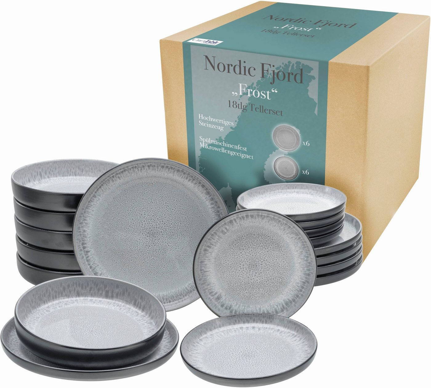 CreaTable Teller-Set Nordic Fjord (18-tlg), 6 Personen, Steinzeug, je 6 Speiseteller 26 cm, Suppenteller 22,5 cm, Dessertteller 19,5 cm von CreaTable