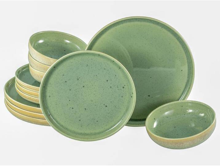 CreaTable Teller-Set Uno Romana Grün, Tellerset 12-tlg (12-tlg), 4 Personen, Steinzeug, Sprenkel, Seidenmatte Glasur, grün von CreaTable
