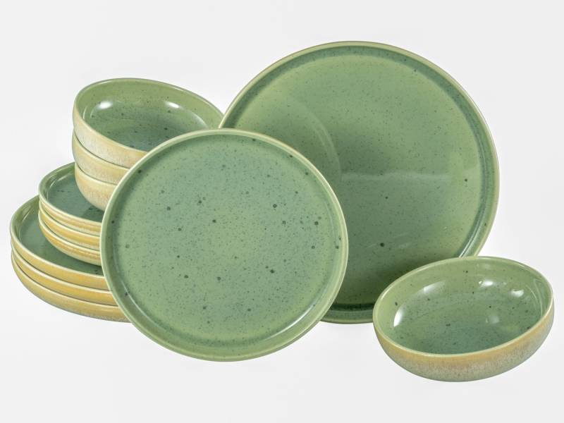 CreaTable Teller-Set Uno Romana Grün, Tellerset 12-tlg (12-tlg), 4 Personen, Steinzeug, Sprenkel, Seidenmatte Glasur von CreaTable