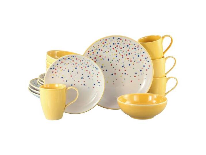 Creatable KOMBISERVICE Joy Gelb-bunt, Creme, Gelb, Keramik, 16-teilig, Punkte, 300 ml,400 ml, handbemalt, lebensmittelecht, stapelbar, Essen & von CreaTable