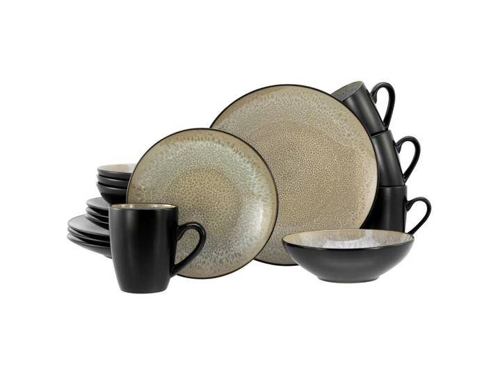 Creatable KOMBISERVICE Malmö beige, Schwarz, Beige, Keramik, 16-teilig, 300 ml, lebensmittelecht, stapelbar, Essen & Trinken, Geschirr, Geschirr-Sets, von CreaTable