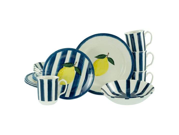 Creatable KOMBISERVICE Summer Stripes Blau, Blau, Gelb, Grauweiß, Keramik, 16-teilig, Zitronen, 300 ml, lebensmittelecht, stapelbar, Essen & Trinken, von CreaTable