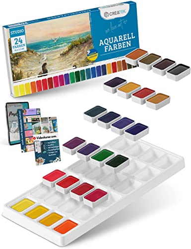 CreaTek - Aquarellfarben Set [ beste Pigmente & extrem ergiebig ] für Kinder & Erwachsene + Videokurs für Anfänger | 24 leuchtende Wasserfarben | Made in Ukraine Aquarellfarbkasten, Aquarell Farben von CreaTek