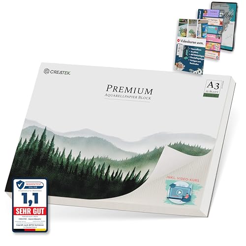 CreaTek Aquarellpapier A3 300g [ Nur bei uns inkl. 2 Std. Video Kurs ] 25 Blatt Aquarellblock A3 + 400 Malvorlagen | Malblock A3 | Aquarell Papier A3, extra starkes Malpapier DIN A3 Aquarellpapier von CreaTek