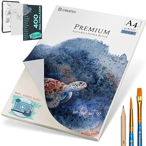 CreaTek Aquarellpapier A4 300g [ Nur bei uns inkl 2 Std Video Kurs ] 30 Blatt Aquarellblock A4 300g +2 Pinsel +Bleistift +400 Malvorlagen - Aquarell Papier A4, Wasserfarben Papier A4 Aquarell Block A4 von CreaTek