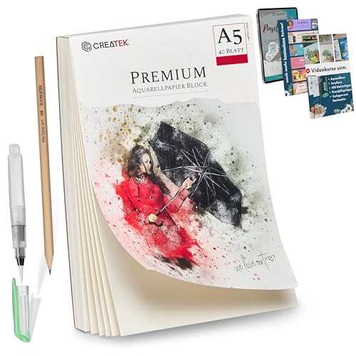 CreaTek Aquarellpapier A5 300g [Nur bei uns inkl 2 Std Video Kurs] 40 Blatt Aquarellblock A5 + Wassertankpinsel +400 Malvorlagen - Premium Aquarelle Papier A5, Aquarellblock DIN A5, Aquarell Block A5 von CreaTek