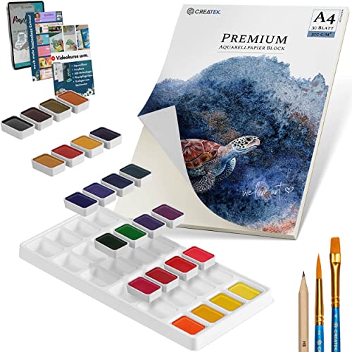 CreaTek Aquarellpapier A4 300g + Premium Aquarellfarben Set [ zum Vorteilspreis ] unschlagbare Kombination aus leuchtenden und stark pigmentierten Wasserfarben & unserem Nr.1 Aquarellpapier DIN A4 von CreaTek