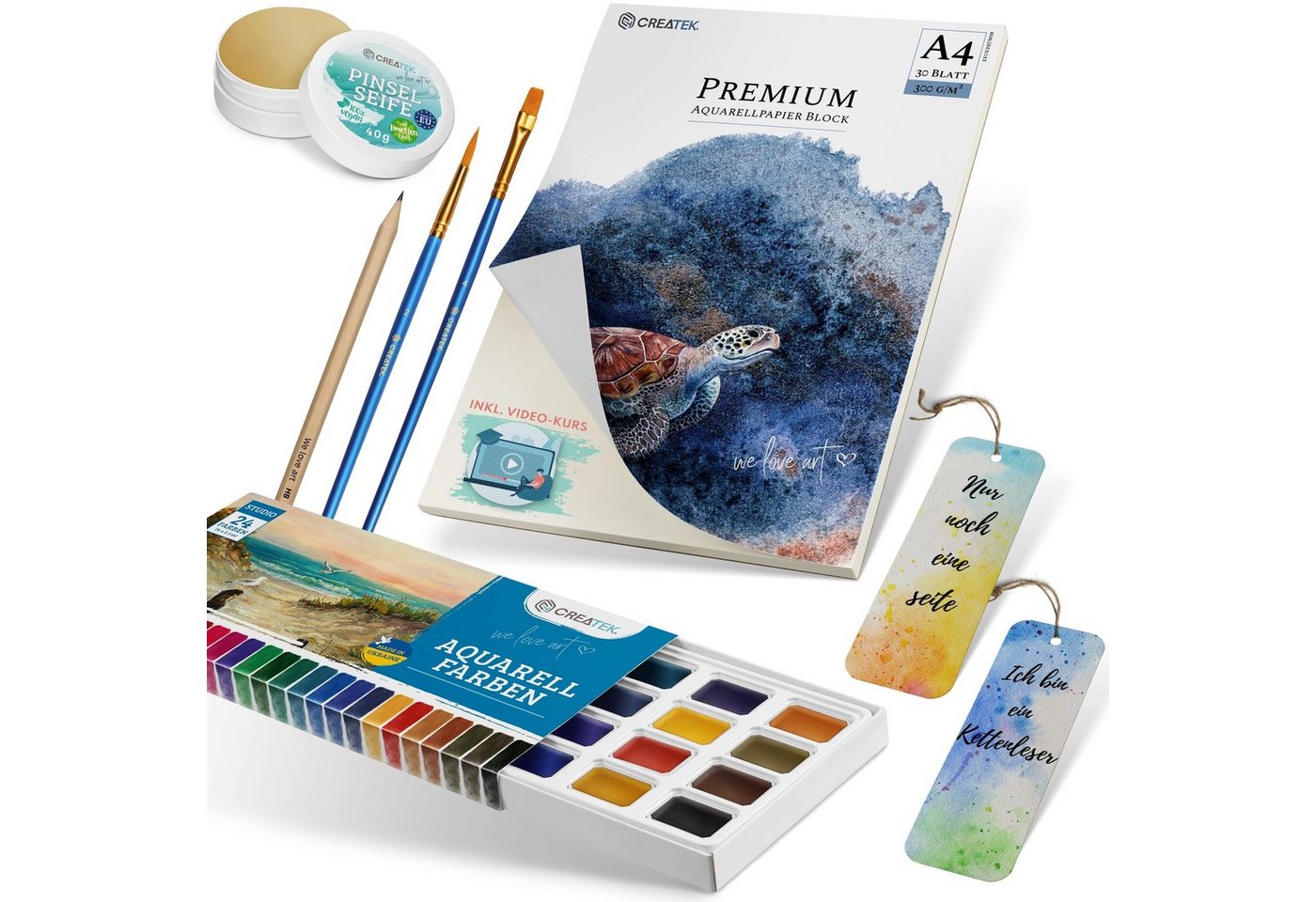 CreaTek Aquarellfarbe Aquarell Starter-Set - Aquarellfarben, Block + Videokurs & Malvorlagen, Videokurs & 400 Malvorlagen im Wert von 39,90 € Gratis dazu! von CreaTek