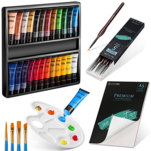 CreaTek -Premium Acrylfarben Set & Miniatur Pinsel Set [ zum Vorteilspreis ] unschlagbare Kombination aus 24 leuchtenden + stark pigmentierten Acrylfarben inkl Metallic Töne & 5er Miniatur Pinselset von CreaTek