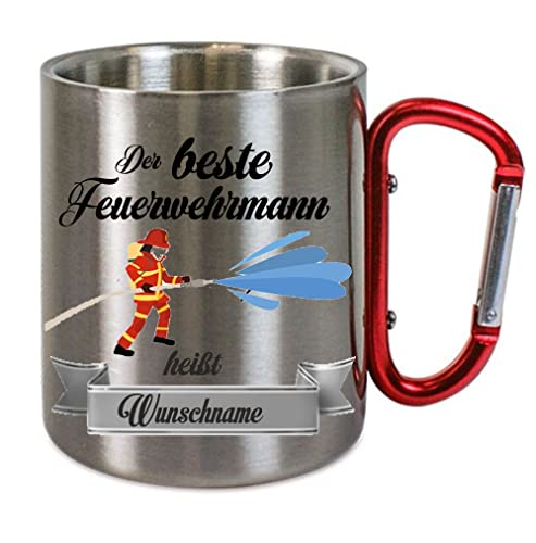 CreaLuxe Edelstahltasse mit Karabiner 'Der Beste Feuerwehrmann heißt Wunschname' Tasse personalisiert, Kaffeetasse, Bürotasse, Metalltasse mit Name von Crealuxe