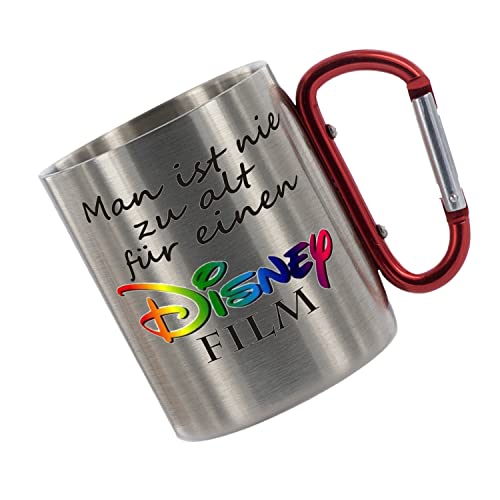 Crealuxe Edelstahltasse mit Karabiner 'Man ist nie zu alt für einen Disney Film' Tasse bedruckt, Kaffeetasse, Bürotasse, Metalltasse mit Name von Crealuxe