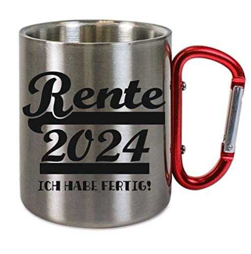 CreaLuxe Edelstahltasse mit Karabiner 'Rente 2024 - ich Habe fertig' Tasse bedruckt, Kaffeetasse, Bürotasse, Metalltasse mit Name von Crealuxe