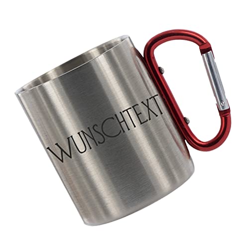 Crealuxe Edelstahltasse mit Karabiner - !! Wunschtext !! - 330 ml - Tasse personalisiert - Kaffeetasse - Bürotasse - Personalisierte Geschenke - Personalisierte Tasse nach ihren Wünschen von Crealuxe